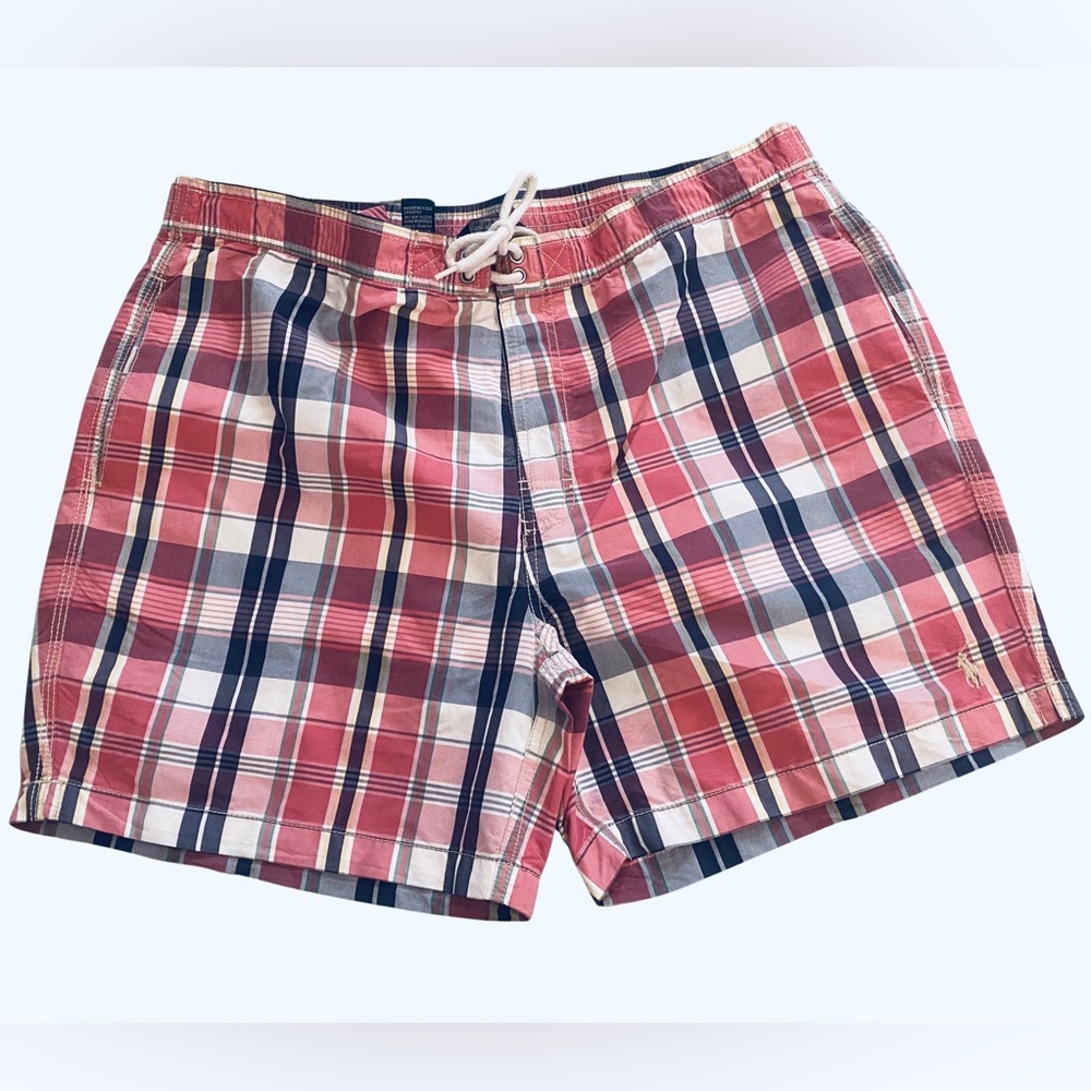 Polo Ralph Lauren Swim Trunks Mens XL Pink Blue Plaid Elastic Waist